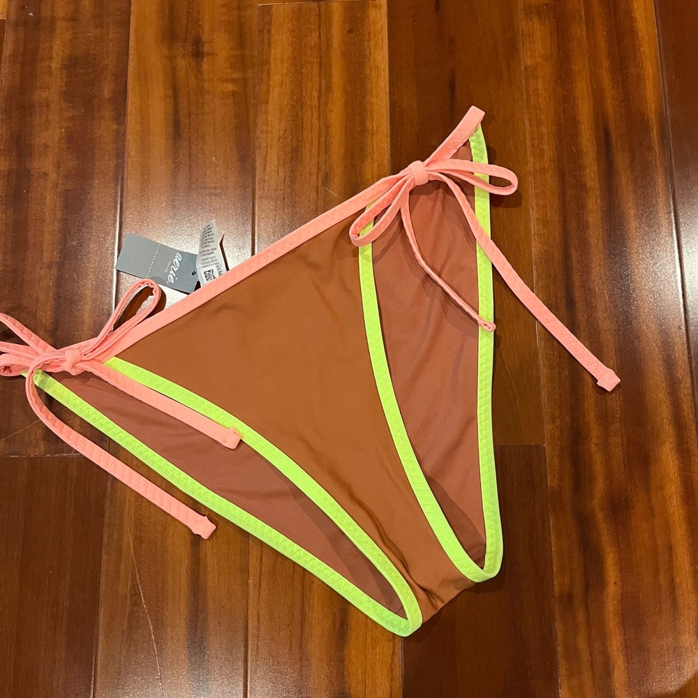 Aerie Cheeky Bikini Bottom Side Tie Brown Neon Green Peach Swim New Medium